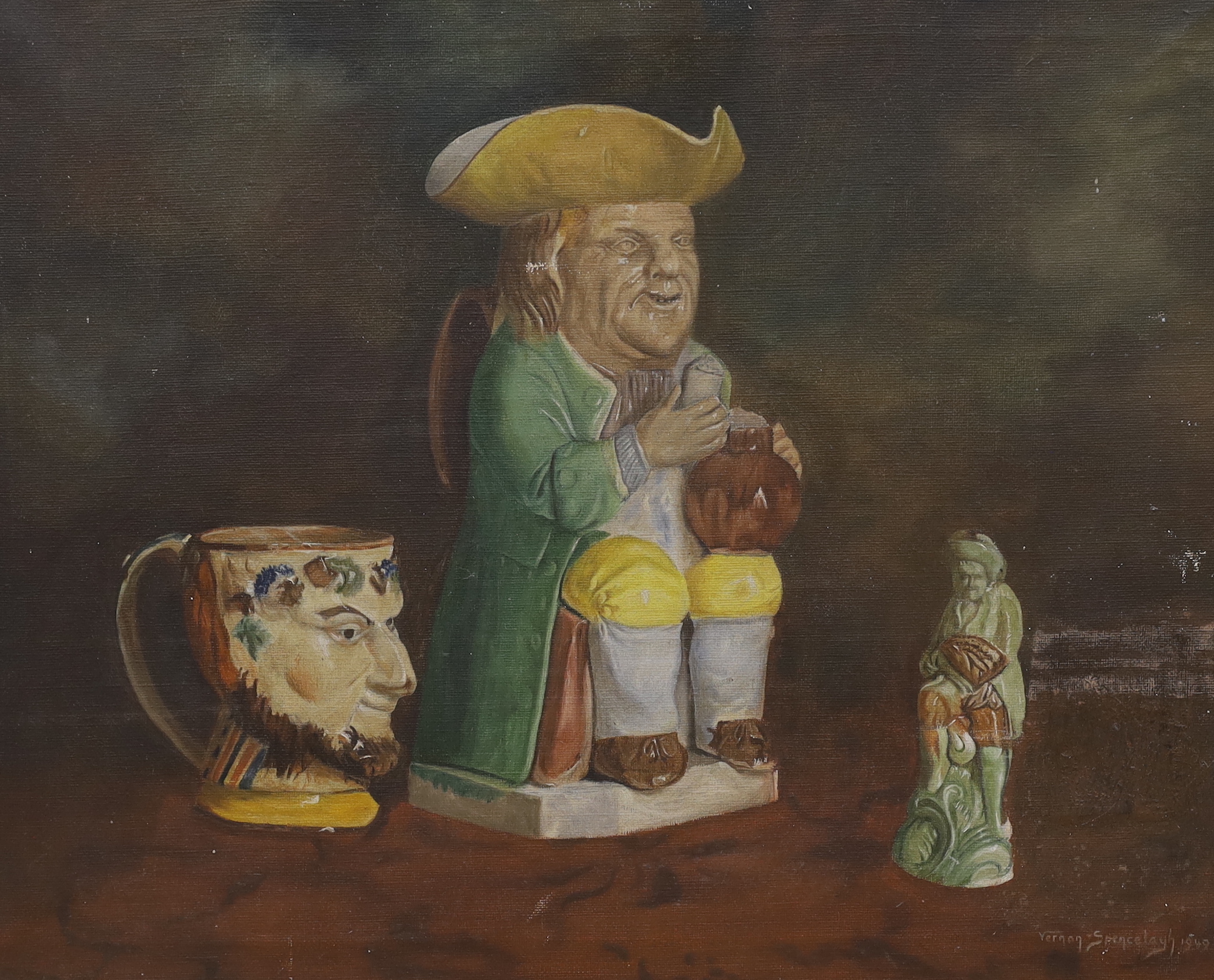 Vernon Spencelayh (American, 1891-1980), oil on canvas, Still life of Toby jug, signed and dated 1949, unframed, 40 x 50cm